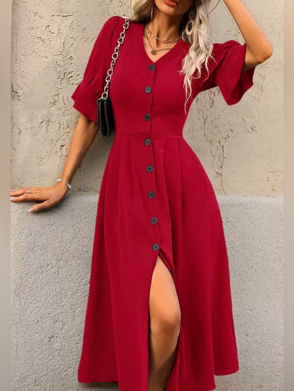 SHEIN Red Button-Down Midi Dress with Front Slit